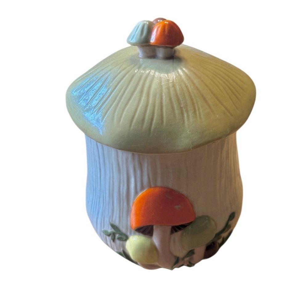 Arnel's Merry Mushroom Cookie Jar Canister w/ Lid Vintage Retro Kitchen read pic